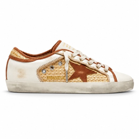 Женские кеды Golden Goose Superstar in White Leather and Raffia with Brick-Red Star and Inserts