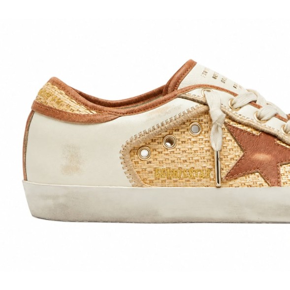 Женские кеды Golden Goose Superstar in White Leather and Raffia with Brick-Red Star and Inserts