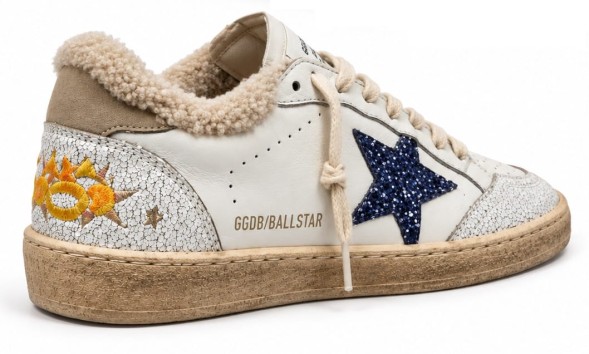 Женские зимние кеды Golden Goose Super-Star Winter White Shearling Blue Glitter Star