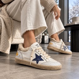 Golden Goose Super-Star Winter White Shearling Blue Glitter Star