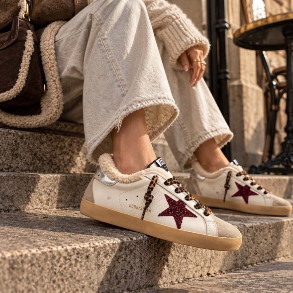 Женские зимние кеды Golden Goose WINTER Superstar Burgundy Glitter Star and Silver Heel Tab
