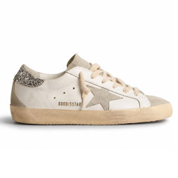 Golden Goose Super-Star With Gray Star And Silver Glitter Heel Tab