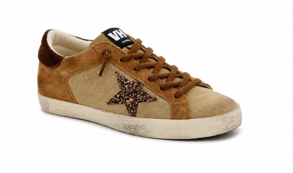 Женские кеды Golden Goose Super-Star in Beige and Brown Suede Wth Brown Glitter Star