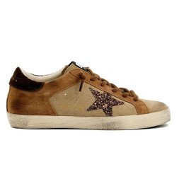 Golden Goose Super-Star in Beige and Brown Suede Wth Brown Glitter Star