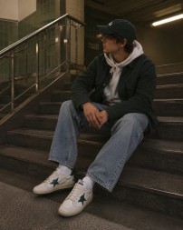Golden Goose Ball Star in White Nappa with Green Leather Star and Hell Tab