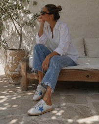 Golden Goose Ball Star Sabot in White Nappa with Blue Crystal Star
